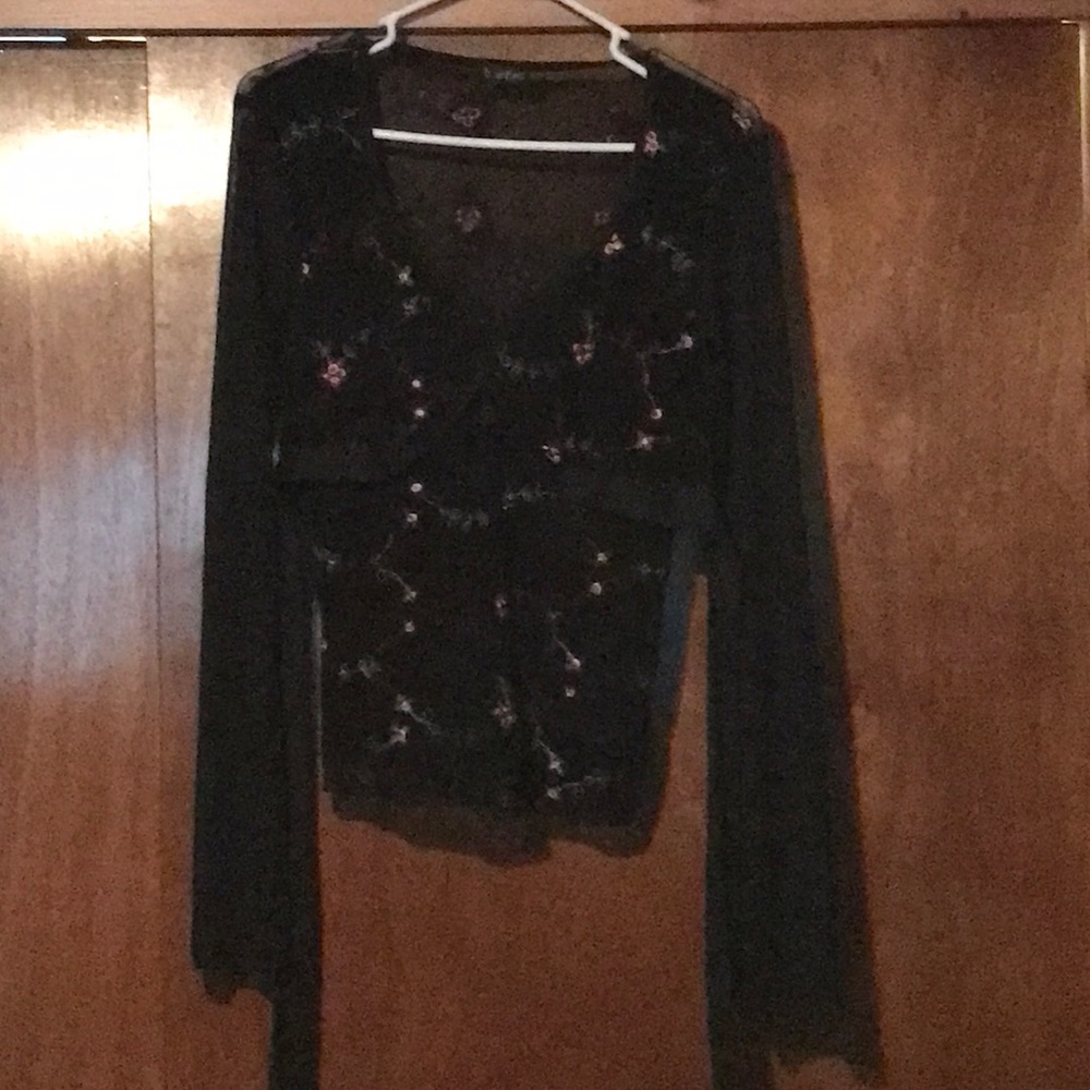 Long sleeve dress shirt has sheer sleeves and back